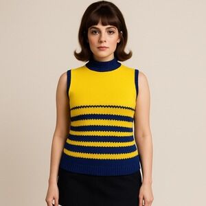 Vintage 60s El Mar Knitwear California Yellow Blue Striped Mock Neck Sleeveless